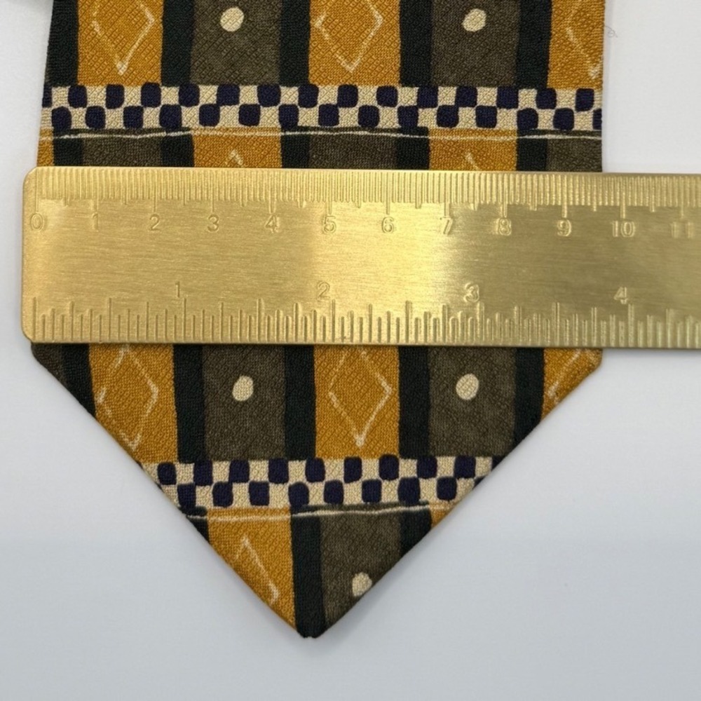 Guess Silk Tie OS Vintage 90s Geometric Diamond Checkered Mustard Olive Navy - Picture 7 of 7